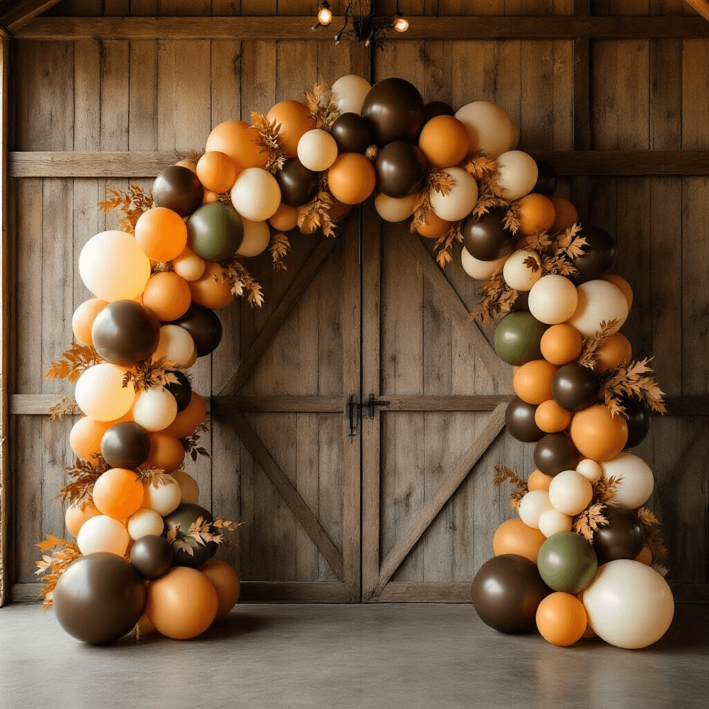 Overhead view of a fall wedding reception showcasing an organic asymmetric arch made of chocolate brown, burnt orange, cream, and olive green balloons against a rustic barn wall, with warm golden hour lighting creating soft shadows on the textured arrangement.