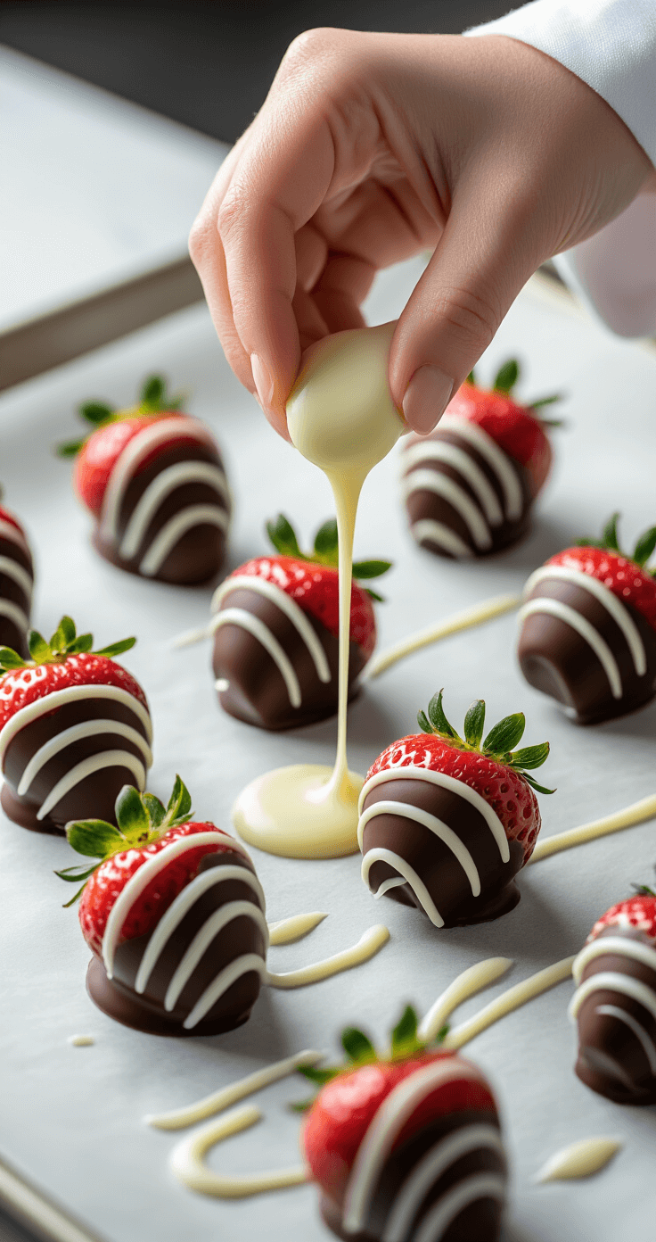 Close-up of a hand in a white chef's sleeve drizzling white chocolate in zigzag patterns over dark chocolate-dipped strawberries on a parchment-lined baking sheet, with soft natural light enhancing the gourmet setting.