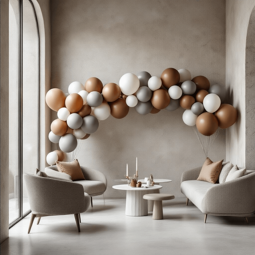 A modern minimalist birthday party featuring a sophisticated backdrop of stone brown, grey, and white balloons, complemented by clean architectural lines and sleek furniture, creating a gallery-like aesthetic with precise balloon placement and curated color transitions.
