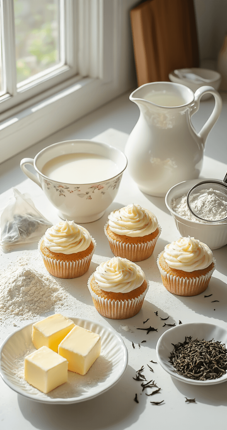 A pristine kitchen counter displaying ingredients for Earl Grey cupcakes: whole milk in a ceramic pitcher, scattered Earl Grey tea leaves, softened butter in a vintage dish, and sifted flour in a white bowl, illuminated by soft morning sunlight.