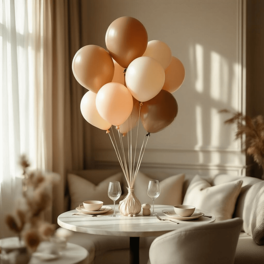 Intimate dining nook with a whimsical balloon centerpiece in latte, peach, and cream tones, featuring 12-inch and 5-inch balloons. Soft morning light filters through sheer curtains, enhancing the cozy atmosphere with delicate balloon styling.