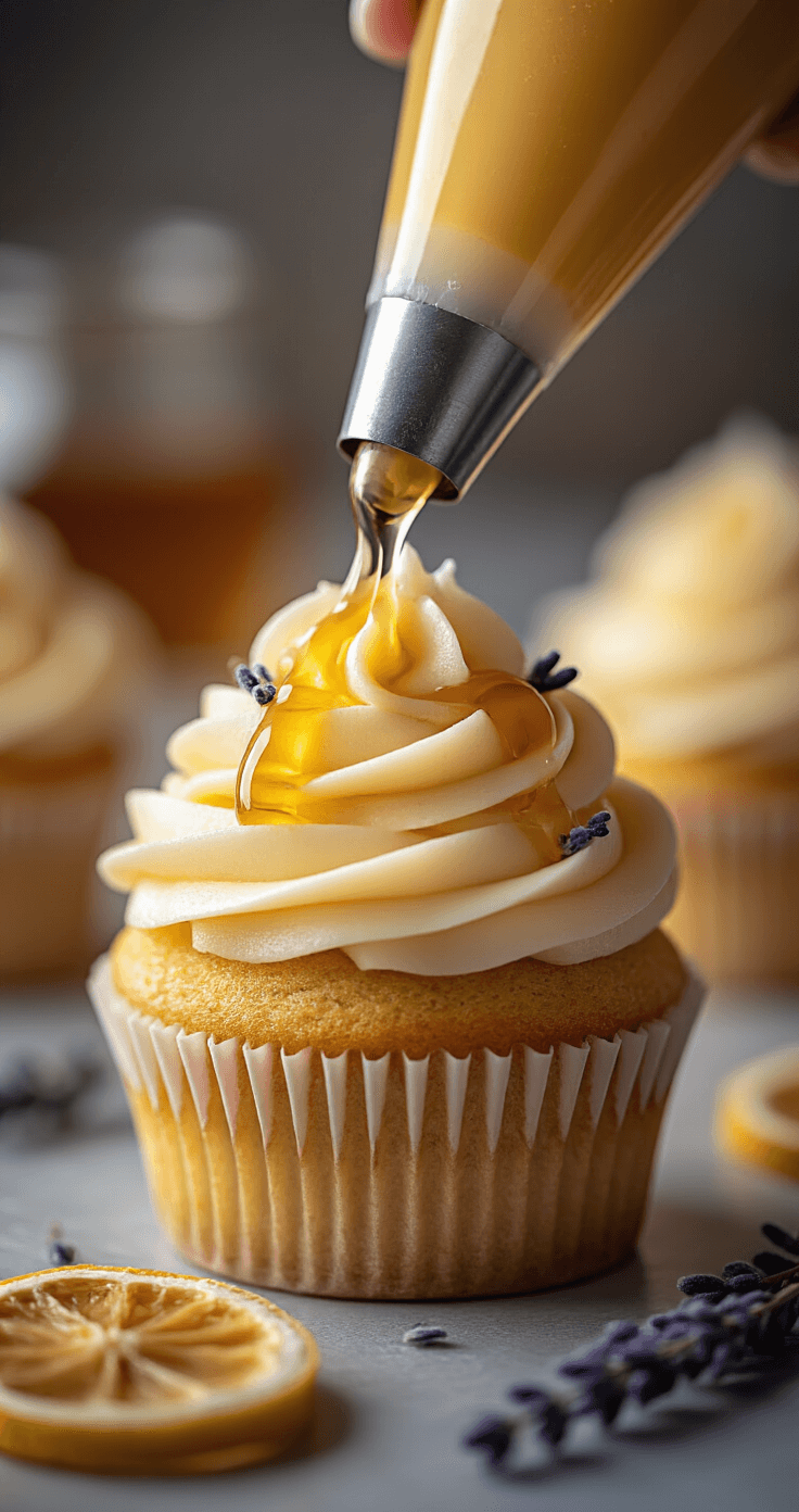 Close-up of an elegantly piped honey frosting swirl atop an Earl Grey cupcake, drizzled with golden raw honey, adorned with lavender buds and a dried lemon slice, featuring dramatic side lighting that accentuates the frosting's texture against a blurred kitchen background.