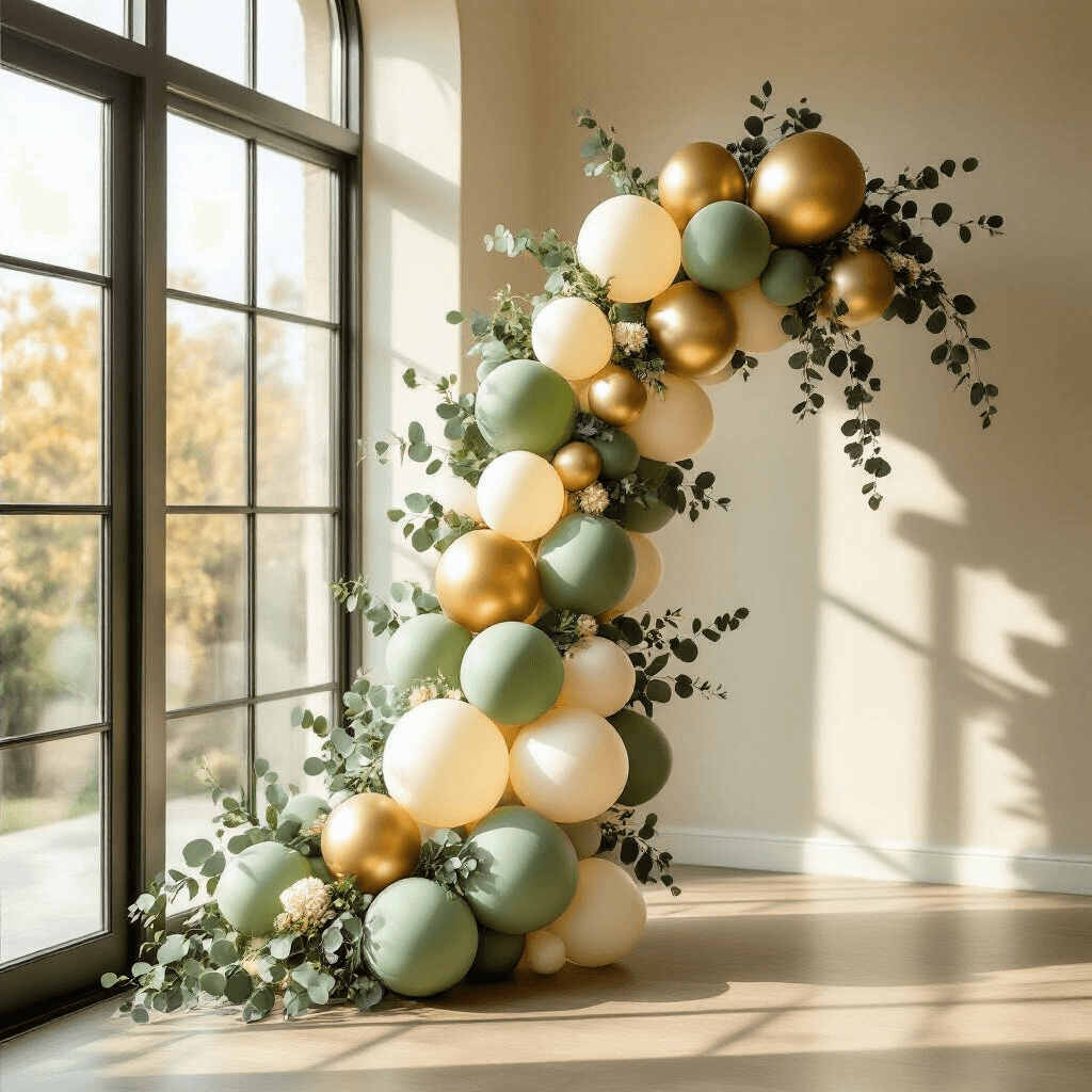 Elegant balloon garland in a sunlit modern living room, featuring sage green, champagne gold, and ivory balloons interwoven with eucalyptus, illuminated by golden hour light through large windows.