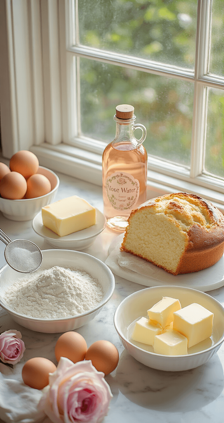Cinematic overhead view of a pristine kitchen workspace with ingredients arranged in soft morning light, featuring butter in a vintage ceramic dish, a rose water bottle, sifted flour in an antique white bowl, and room temperature eggs on a marble countertop.