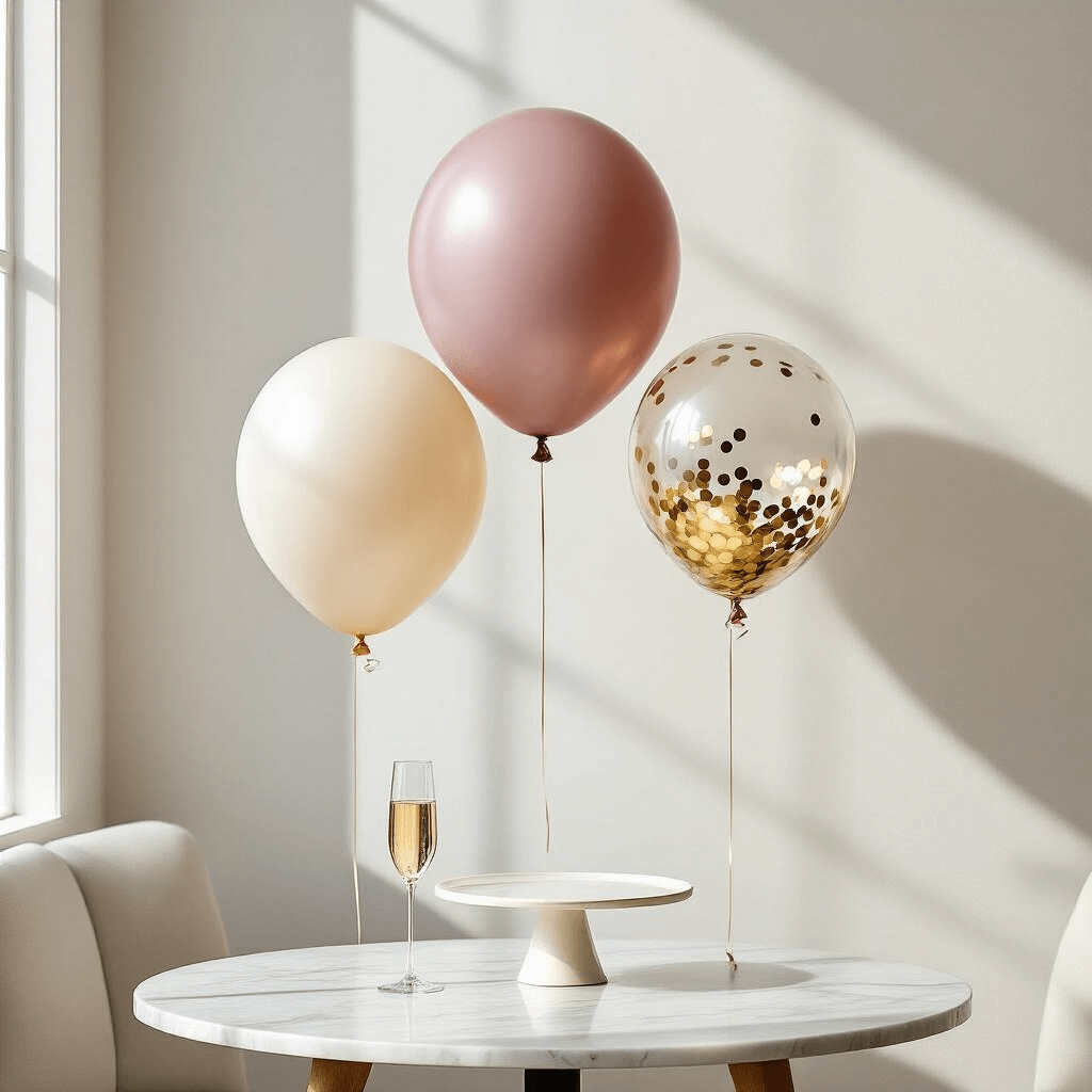 Minimalist birthday celebration setup featuring three statement balloons against a white wall: an oversized matte dusty rose balloon, a medium clear balloon with gold confetti, and a smaller ivory balloon, all suspended at different heights. A marble side table holds an elegant champagne flute and a minimalist cake stand, illuminated by soft morning light.