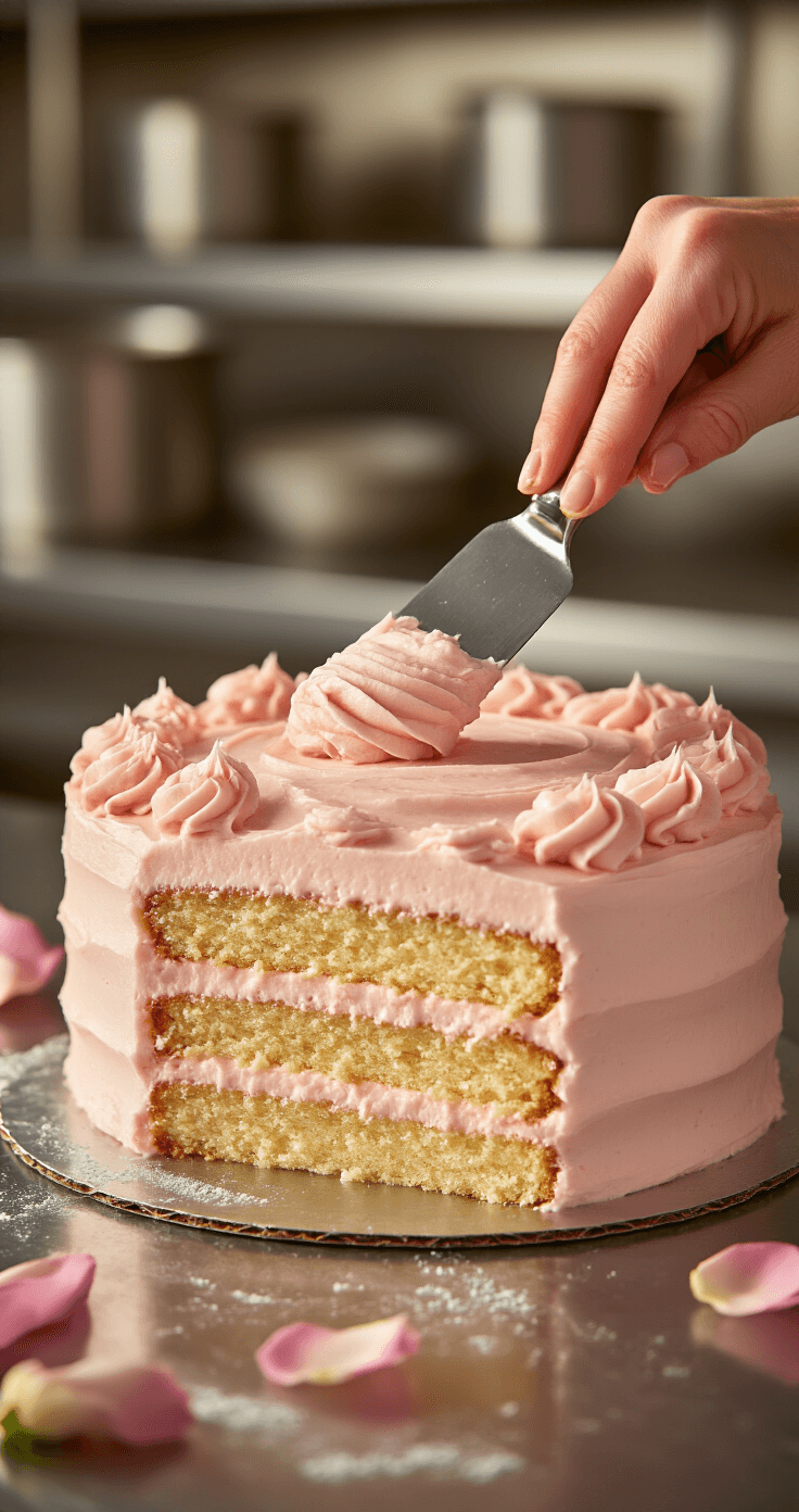 Professional baker smoothing pale pink buttercream on a layered vanilla cake with an offset spatula, surrounded by scattered rose petals, in a gleaming kitchen with warm lighting.