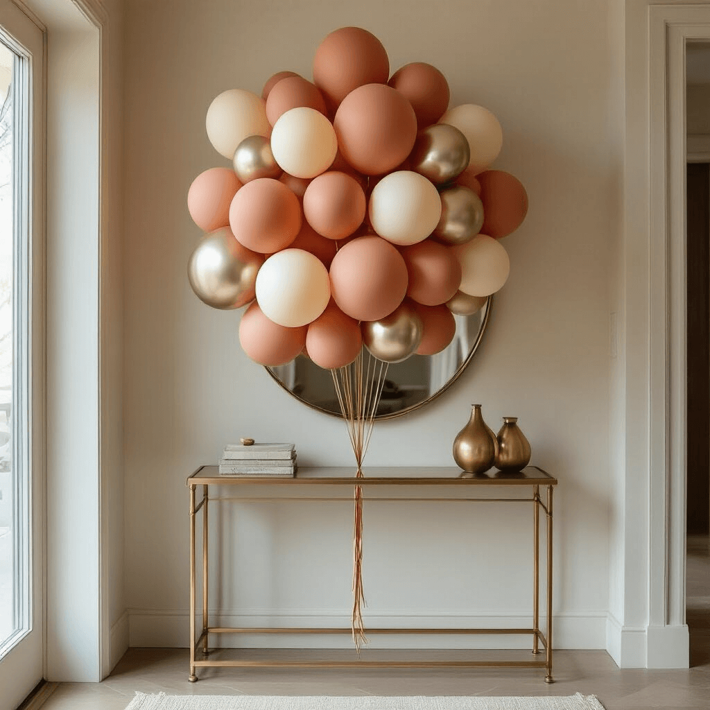 A stylish balloon cluster in terracotta and cream, featuring mixed textures, is arranged asymmetrically in a modern apartment entryway. Brass hooks and a sleek console table are visible in the background, along with a vintage mirror reflecting the display, illuminated by warm ambient lighting.