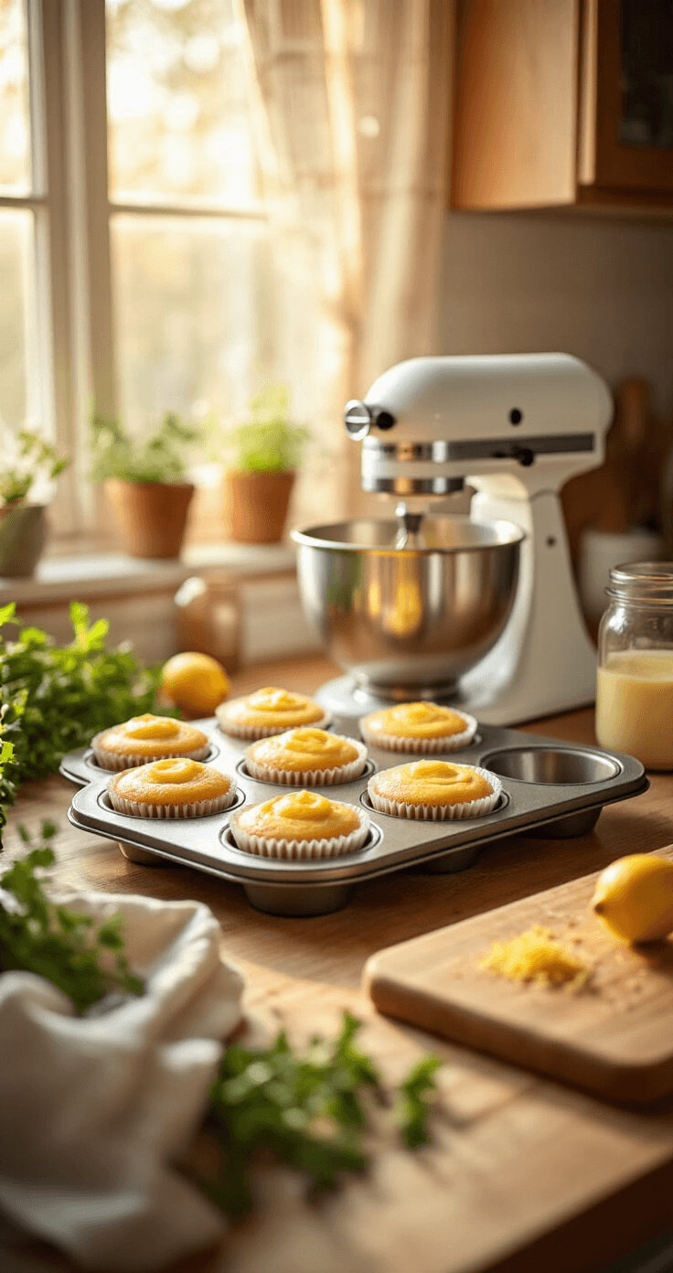 A cozy kitchen with muffin tins filled with cupcake batter, fresh herbs, and golden sunlight streaming through the window, featuring an electric mixer and a cutting board with lemon zest, embodying a warm, inviting baking atmosphere.