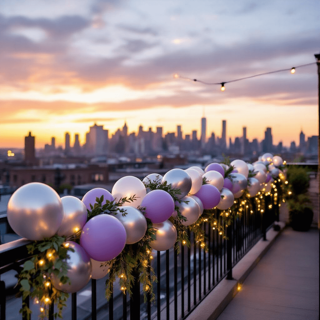 Outdoor rooftop celebration with a balloon garland in lavender, silver chrome, and clear balloons, adorned with greenery, set against a city skyline at sunset, enhanced by fairy lights for a magical ambiance.