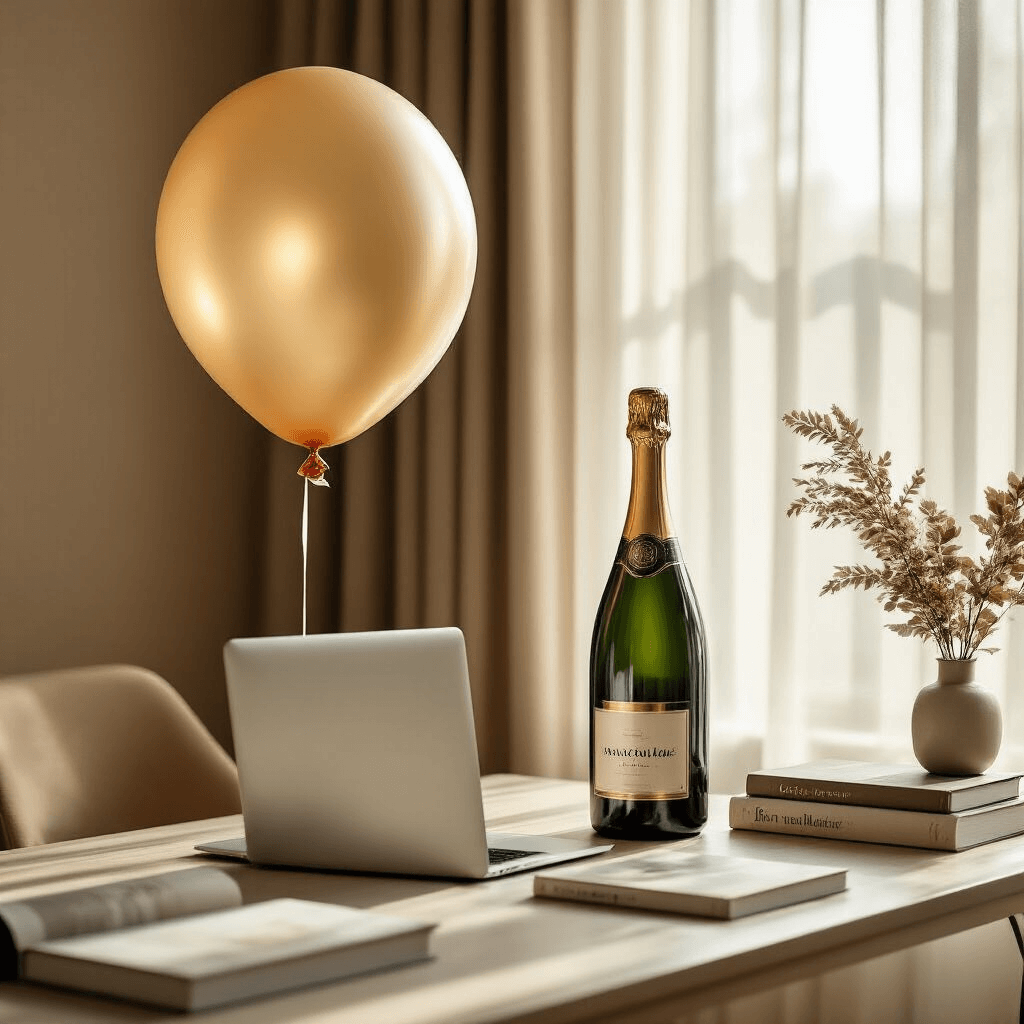 A modern home office featuring a giant champagne bottle-shaped balloon beside a minimalist desk with design books and a sleek laptop, illuminated by soft morning light through sheer curtains, in a muted earth tone palette of caramel, cream, and sage.