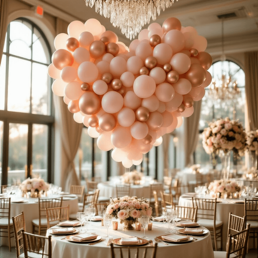 A luxurious wedding reception ballroom featuring a heart-shaped balloon installation, elegant round tables with ivory linens and gold accents, and warm golden hour sunlight creating a romantic ambiance.