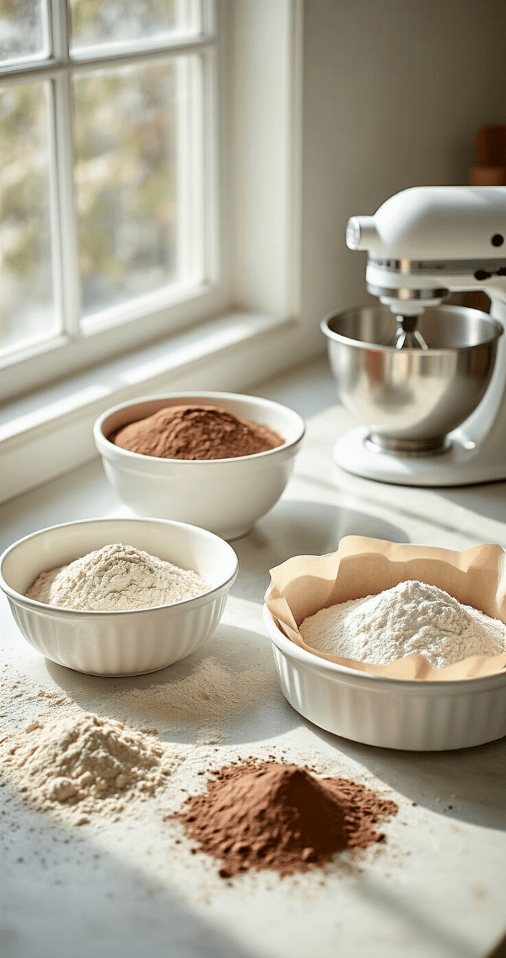 A pristine kitchen countertop set for baking, featuring scattered ingredients like cocoa powder and flour in white bowls, greased cake pans with parchment, and an electric mixer in soft natural light.