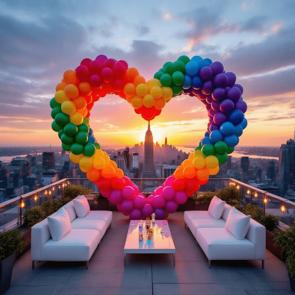 A vibrant Pride rooftop party with a rainbow heart balloon arch framing a city skyline at sunset, featuring jewel-toned heart balloons, modern white furniture, metallic accents, and string lights creating a dynamic, inclusive atmosphere.