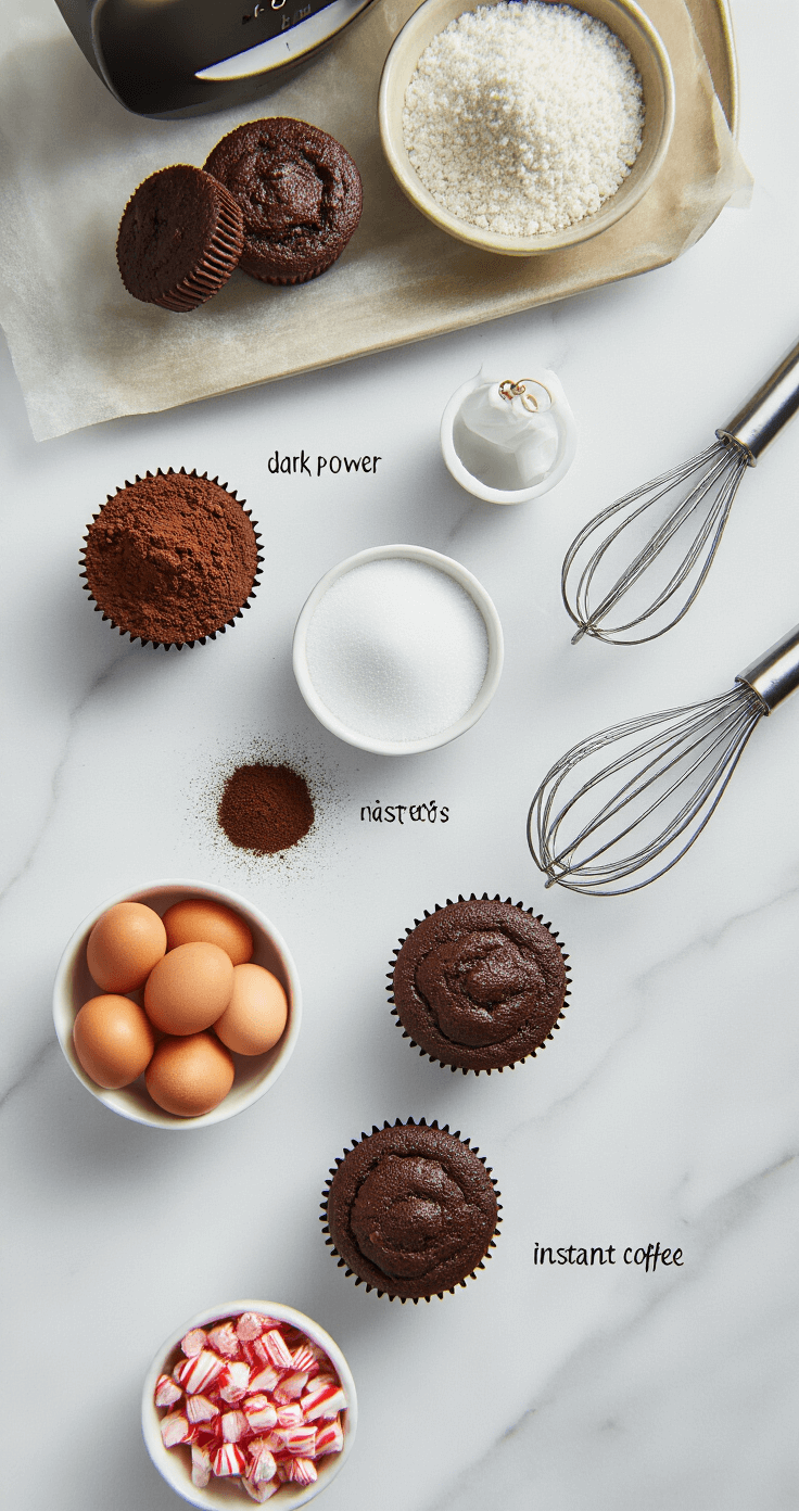 Overhead view of a neatly organized kitchen workspace featuring dark cocoa powder, white sugar, fresh eggs, and instant coffee granules on a marble countertop, illuminated by soft morning light.