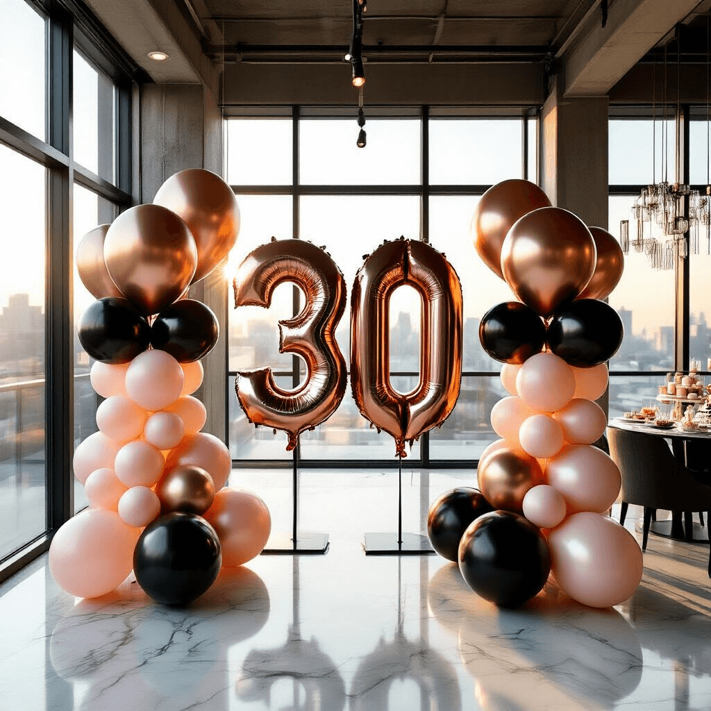 A luxurious 30th birthday balloon installation in a modern loft, featuring oversized metallic rose gold and black number 30 balloons on sleek black stands, surrounded by clusters of blush and champagne latex balloons, illuminated by golden hour sunlight streaming through floor-to-ceiling windows.