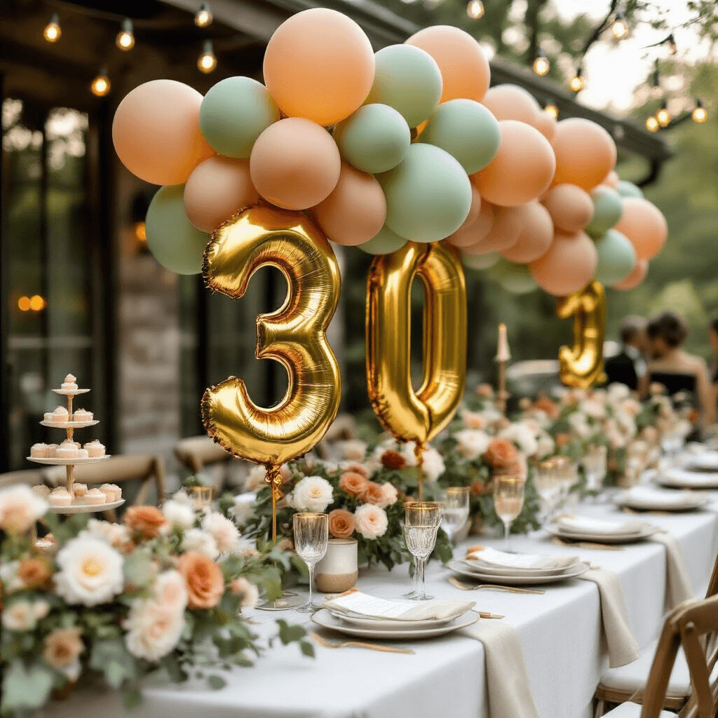 A sophisticated outdoor garden party featuring 34-inch gold number 30 balloons surrounded by sage green and terracotta latex balloons, set on a rustic wooden deck with white linen tables, floral centerpieces, and café lights, with a blurred champagne tower and elegantly dressed guests in the background.