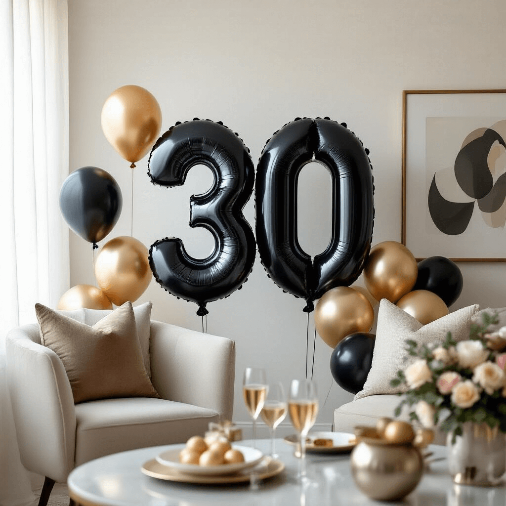 An intimate living room scene featuring a matte black number 30 balloon off-center against a textured white wall, surrounded by metallic and pearl-tone latex balloons of various sizes. Soft natural light filters through sheer curtains, highlighting the balloons. A modern mid-century furniture setup and curated art pieces are in the background, with a champagne coupe and elegant party favors in the foreground.