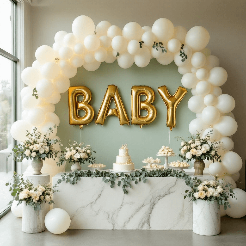 Elegant baby shower scene in soft pastel shades of sage green, cream, and white. Overhead view of a minimalist event space, showcasing a gift table adorned with a dramatic balloon installation featuring gold 'BABY' letters and eucalyptus garlands, surrounded by delicately arranged white latex balloons. Soft natural light filters through large windows, highlighting marble side tables with curated floral arrangements, creating a sophisticated and playful atmosphere.