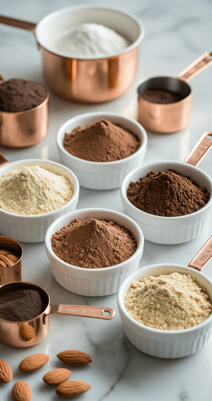 Ultra-detailed close-up of a kitchen countertop showcasing pristine white ceramic bowls filled with cocoa powder, espresso powder, and almond meal, accompanied by gleaming copper measuring cups, illuminated by soft natural light on a polished marble surface.