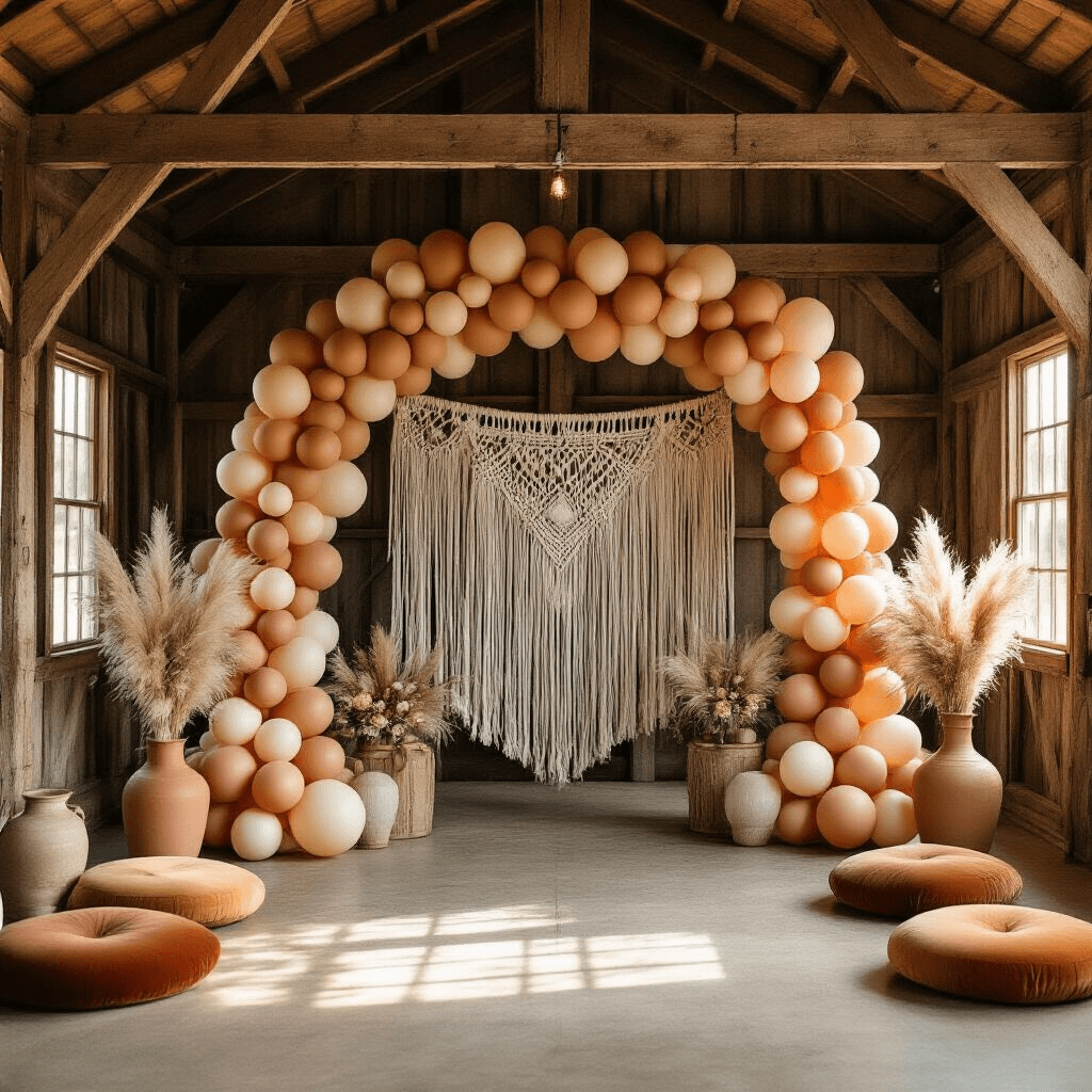 A beautifully styled gender reveal party in a rustic barn, featuring a stunning balloon garland, macramé backdrop, earth-toned balloons, vintage vases with pampas grass, and cozy seating arrangements, all illuminated by warm golden hour sunlight.