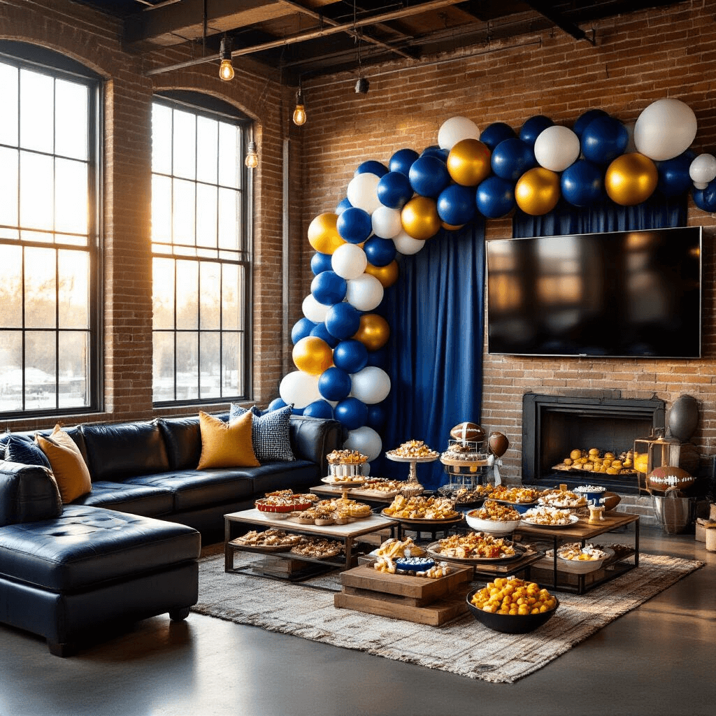 A vibrant Super Bowl party scene featuring a dramatic balloon garland backdrop in deep navy and bright white, with football-shaped mylar balloons. The modern living room boasts exposed brick, a sleek leather sectional, and a mounted television. Golden hour sunlight filters through large windows, illuminating food tables adorned with charcuterie boards and themed appetizers. An overhead shot highlights the layered balloon design with varying heights and textures.