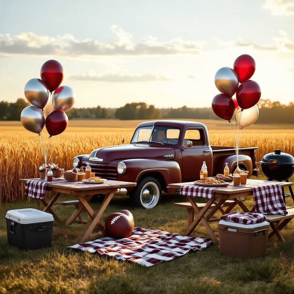 An intimate tailgate party scene featuring a vintage pickup truck adorned with balloon decorations, including maroon and silver football balloons against a golden wheat field. Wooden folding tables with checkered tablecloths, a grilling station in the background, coolers with drinks, and casual seating with stadium blankets create a festive atmosphere. Balloon bouquets anchored with team-specific weights add visual interest in a warm, cinematic wide-angle shot.
