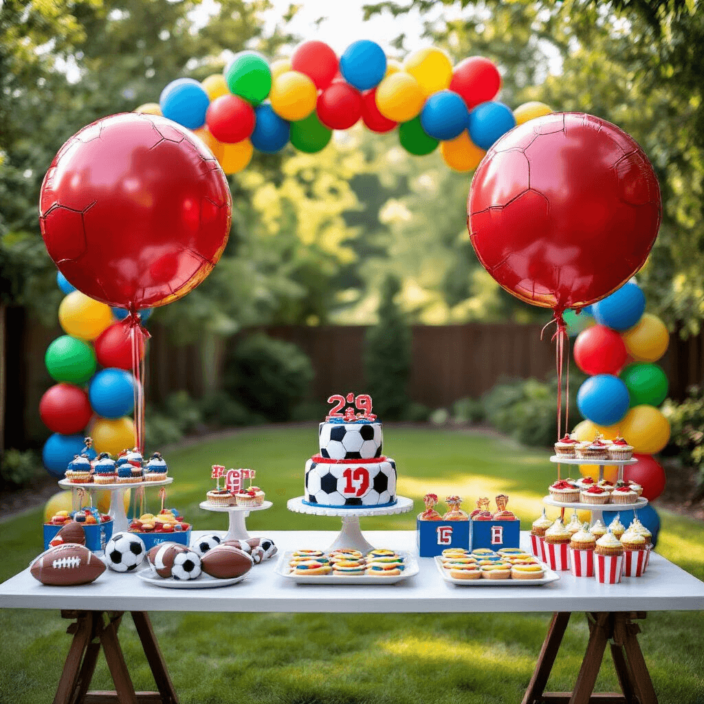 A vibrant children's football-themed birthday party in a bright backyard, featuring large mylar football balloons, a styled dessert table with a football-shaped cake and themed treats, a balloon garland arch, and playful decorations including a football field runner and miniature goal posts, all under soft, natural lighting.