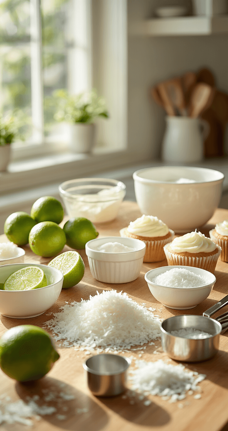 A sunlit kitchen counter featuring fresh limes, coconut flakes, and neatly arranged baking ingredients in crisp white ceramic bowls, enhanced by soft natural light and professional food styling.