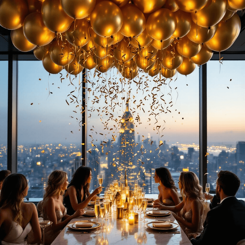 An elegant New Year's Eve party scene featuring cascading gold balloons and metallic confetti in a sleek modern rooftop venue, with floor-to-ceiling windows showcasing a city skyline at midnight, soft champagne lighting, crystal flutes on marble tables, and well-dressed guests.