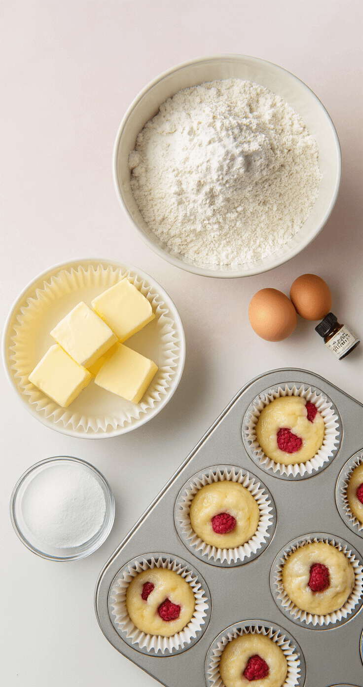Ultra-detailed overhead shot of a pristine kitchen countertop showcasing precisely measured ingredients for raspberry almond cupcakes, including soft butter, sifted flour in a vintage bowl, fresh eggs, almond extract, and neatly arranged muffin liners in a tin, all bathed in soft natural light against a pastel background.