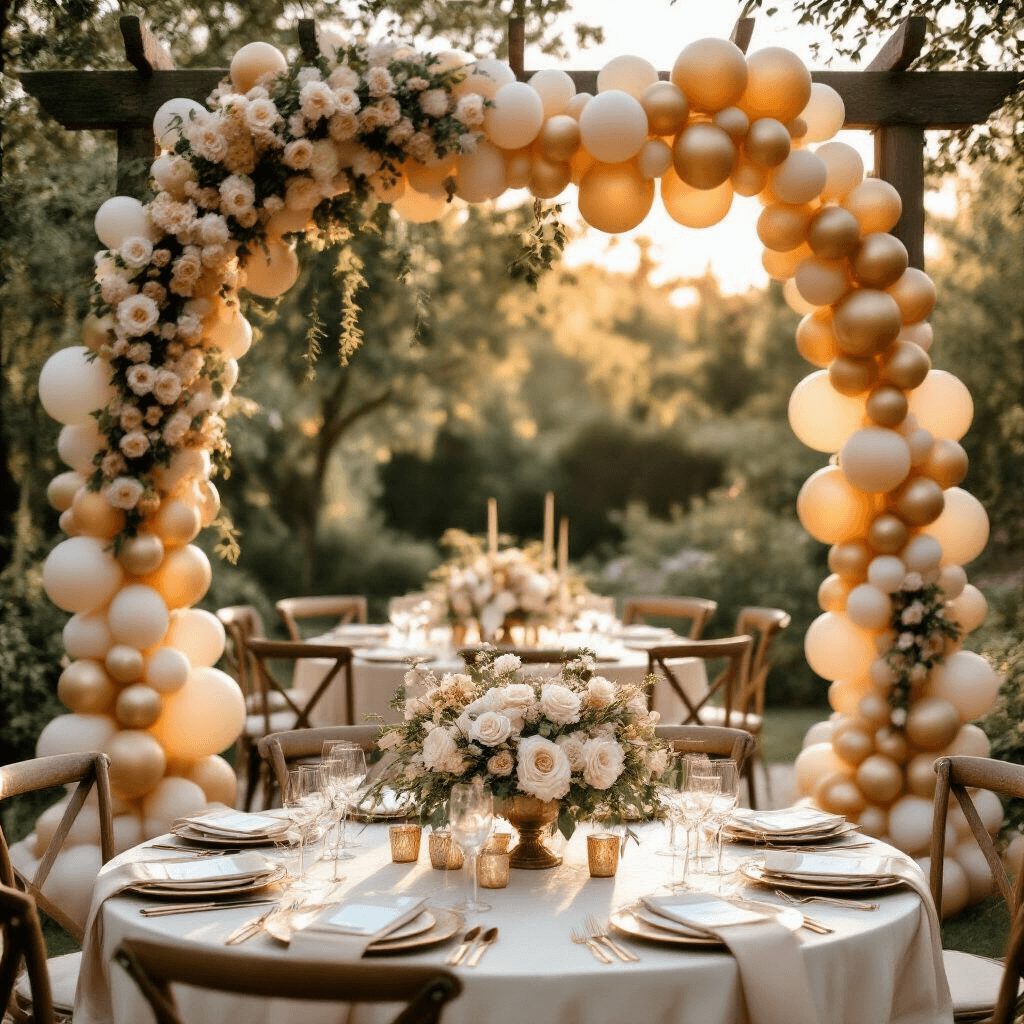 Intimate garden wedding reception with a gold balloon garland on a rustic wooden archway, adorned with blush and ivory florals, illuminated by golden hour sunlight; featuring round tables set with silk runners, rose gold place settings, and vintage brass candelabras, capturing the intricate detail of balloon layers and textures.