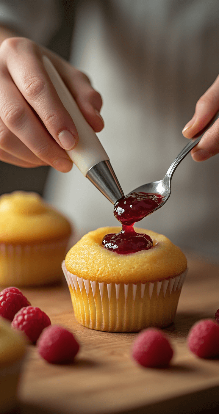 Close-up of a baker's hands using a piping tool to create a cone-shaped cavity in a golden-brown cupcake, while rich raspberry jam is being spooned in, with droplets glistening in warm light. A soft kitchen background features a blurred wooden cutting board and fresh raspberries.