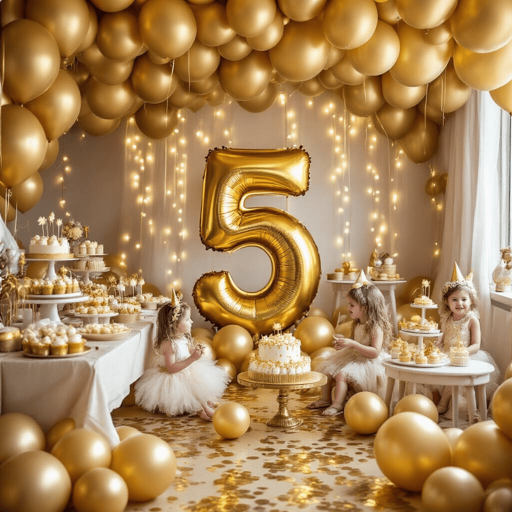 A vibrant children's milestone birthday party featuring a whimsical gold balloon wonderland, with a custom '5' number balloon as a centerpiece, a playful dessert table adorned with gold-dusted cupcakes and cake, and twinkling fairy lights, creating a joyful atmosphere filled with children in festive attire.