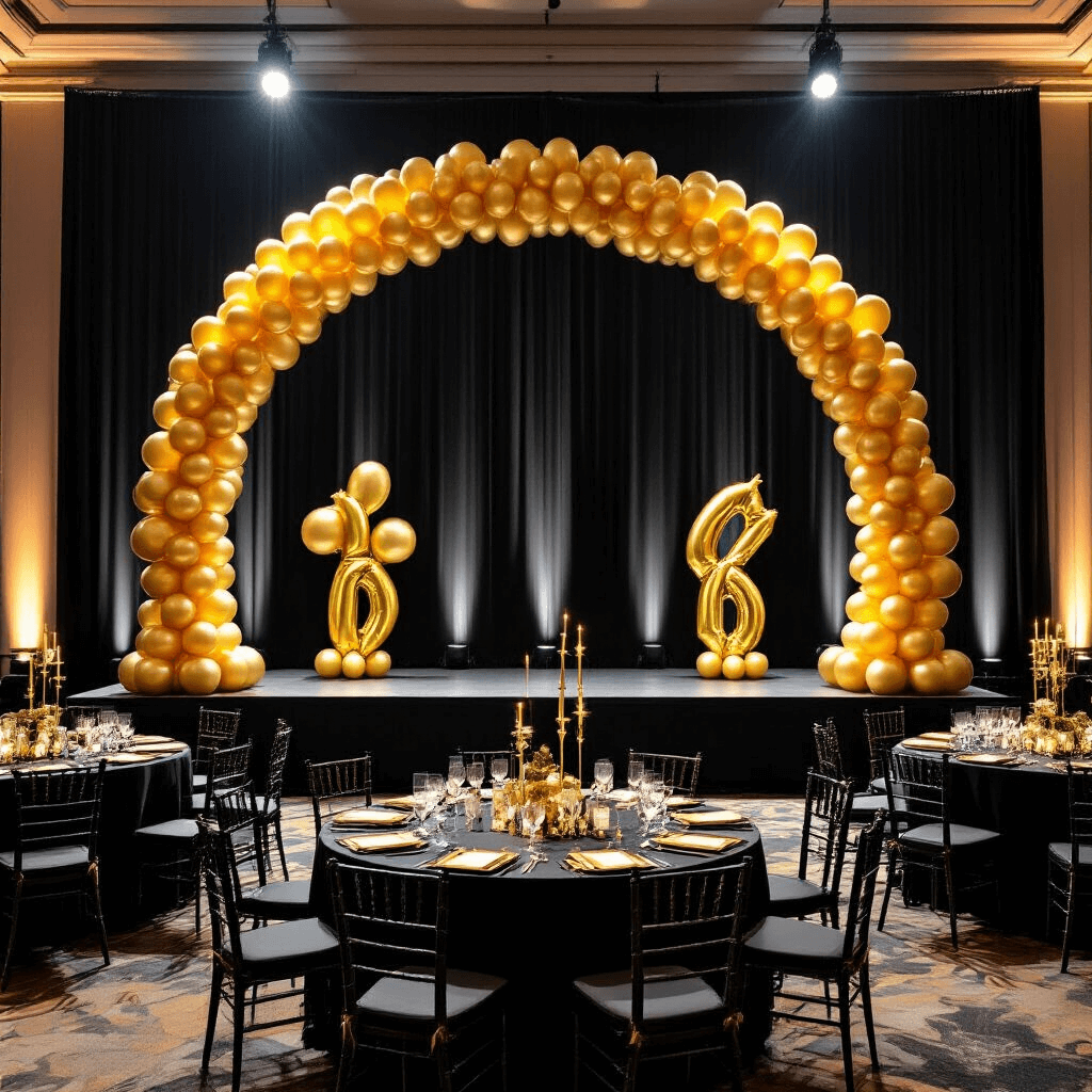 Sophisticated corporate anniversary celebration in an elegant ballroom with a gold balloon arch framing the stage, featuring black and gold decor, circular tables adorned with metallic gold runners, custom branded gold balloon sculptures, and professional mood lighting creating shadows, while photographers capture the event from various angles.