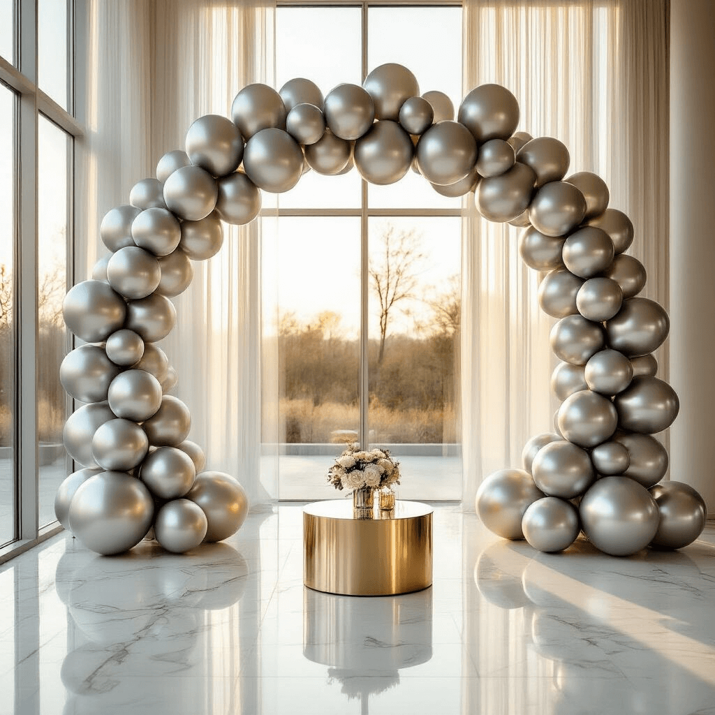A luxurious modern event space featuring a silver balloon arch over a white marble floor, with golden hour light streaming through large windows. The scene showcases a metallic balloon garland, clusters of chrome and metallic silver balloons, and elegant white and gold accent furniture, all captured in a professional wide-angle shot.