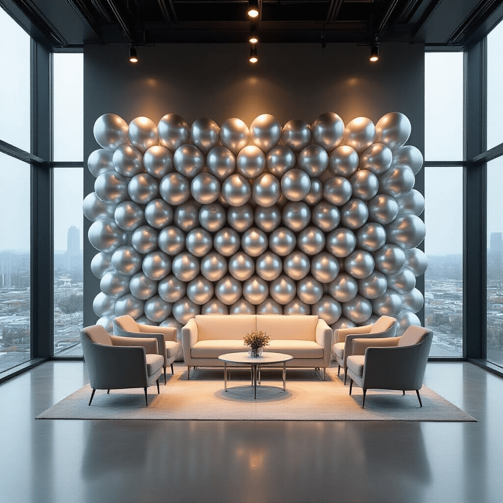 Minimalist corporate event space showcasing a dramatic silver balloon wall installation made of pure chrome balloons in a geometric pattern, complemented by sleek modern furniture and a central presentation area, with a city landscape visible through large windows.