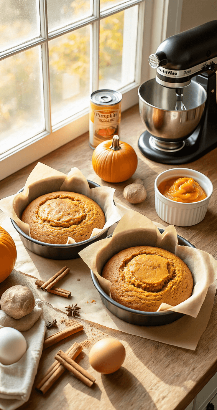 Cinematic overhead view of a rustic kitchen counter featuring three golden-brown cake pans lined with parchment paper, surrounded by cinnamon sticks, nutmeg, and pumpkin puree, illuminated by soft autumn light from a window.