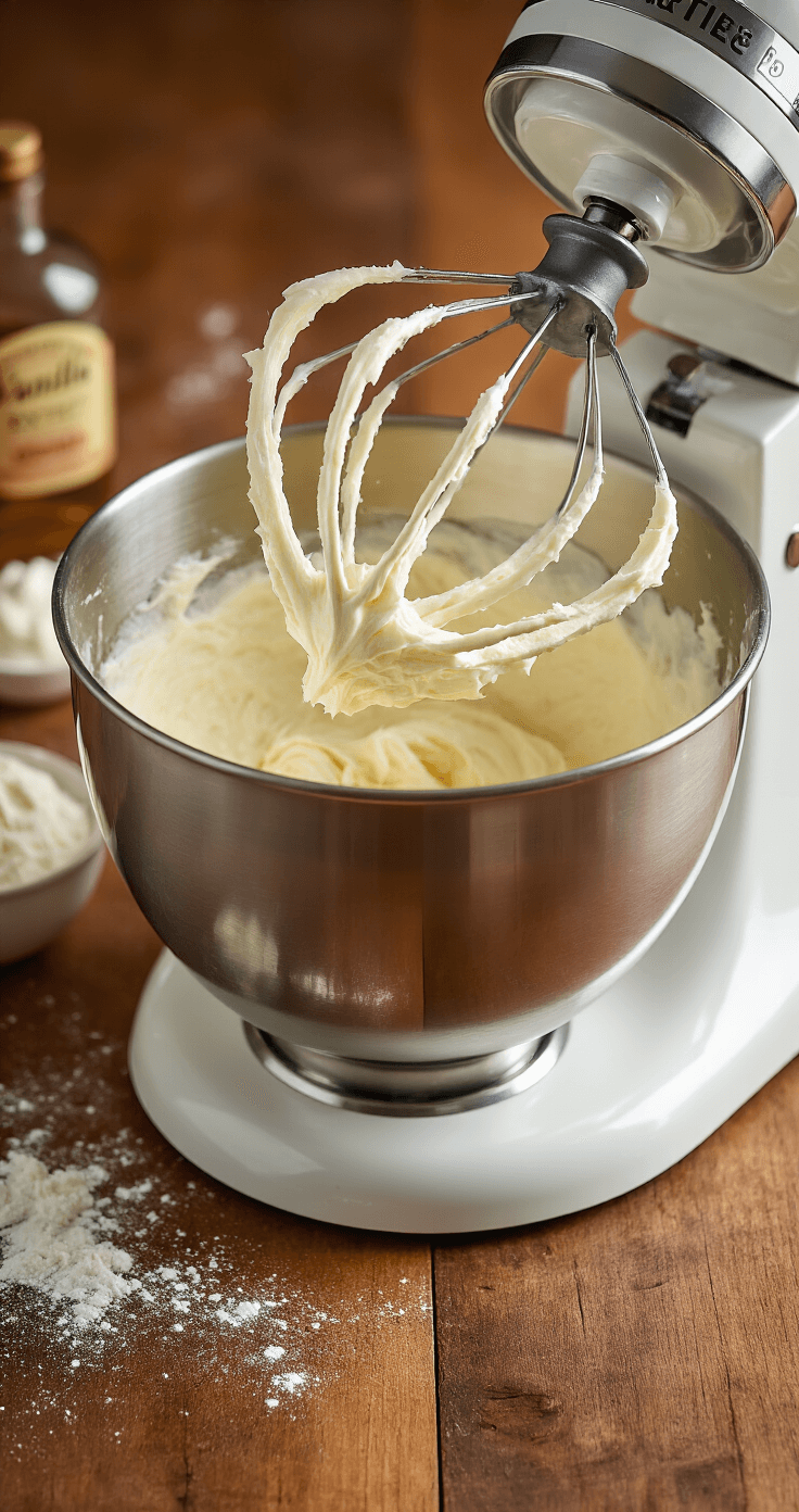 Close-up of cream cheese frosting being whipped in a stainless steel stand mixer bowl, transforming from pale yellow to cloud-white, set against a cozy kitchen backdrop with warm wood tones and a vintage vanilla extract bottle.