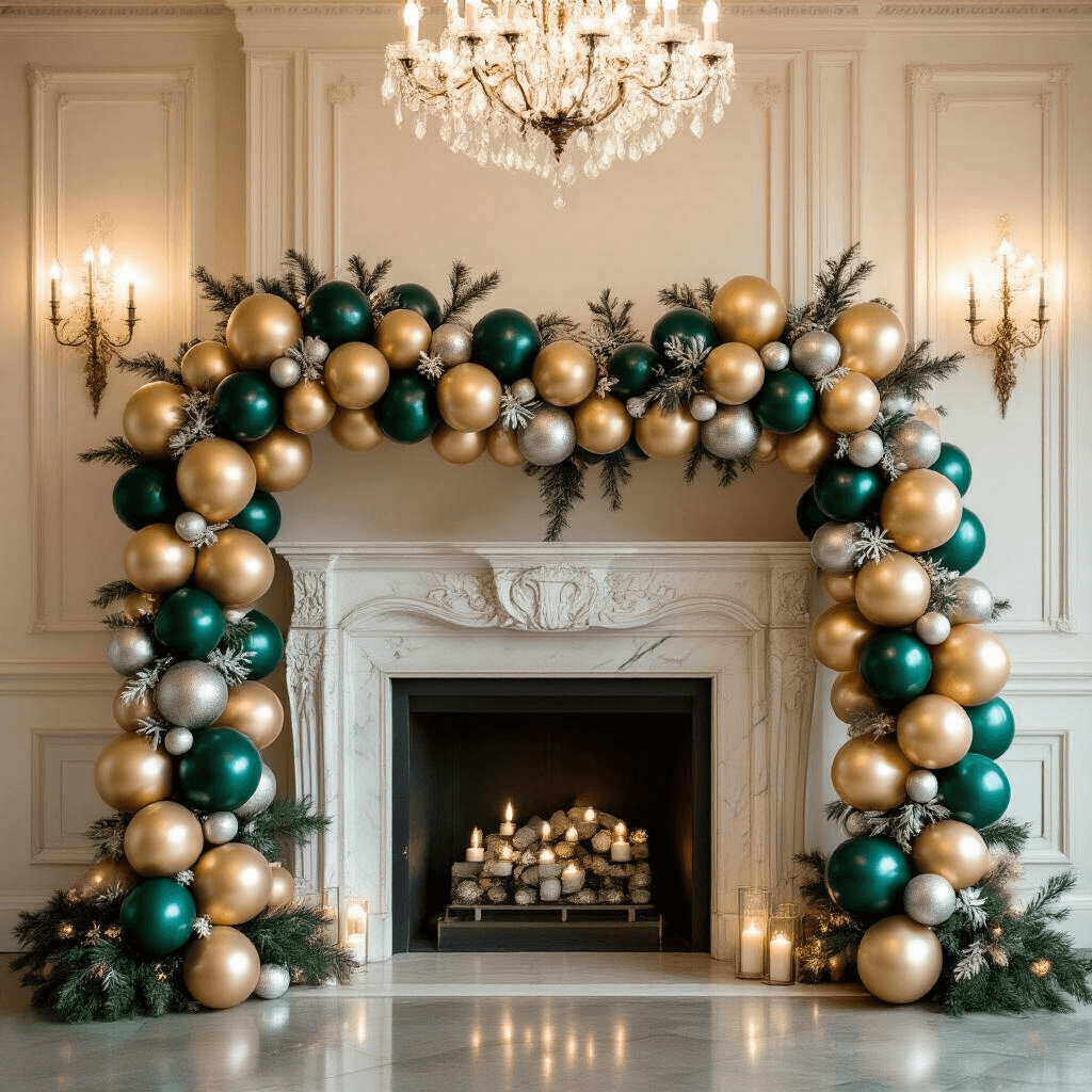 A luxurious holiday ballroom showcasing an organic balloon garland along a marble fireplace, adorned with metallic gold, deep emerald, and champagne chrome balloons, illuminated by soft candlelight and a warm overhead chandelier, creating an elegant festive atmosphere.