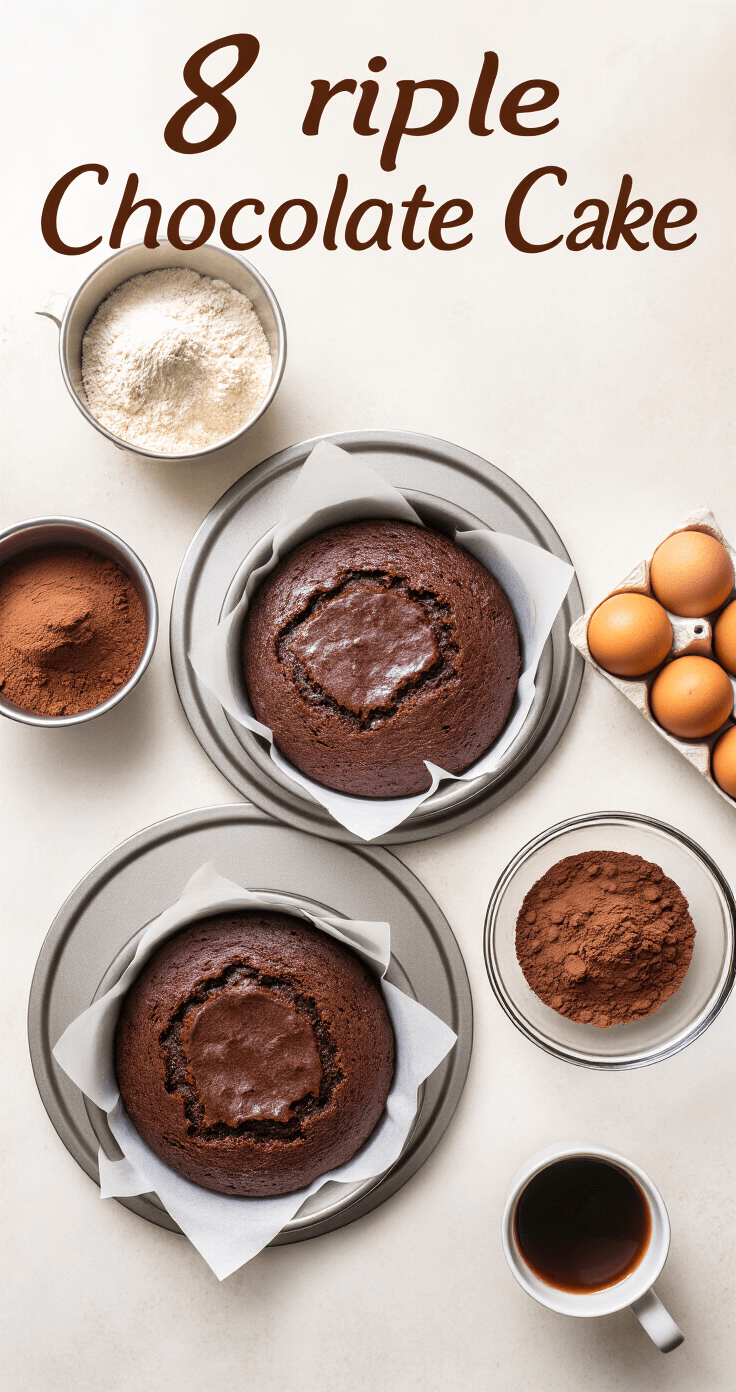 A well-organized baking setup featuring three 8-inch round cake pans lined with parchment paper, surrounded by measured ingredients in stainless steel bowls, including cocoa powder, fresh eggs, and a steaming cup of coffee, illuminated by warm kitchen lighting.