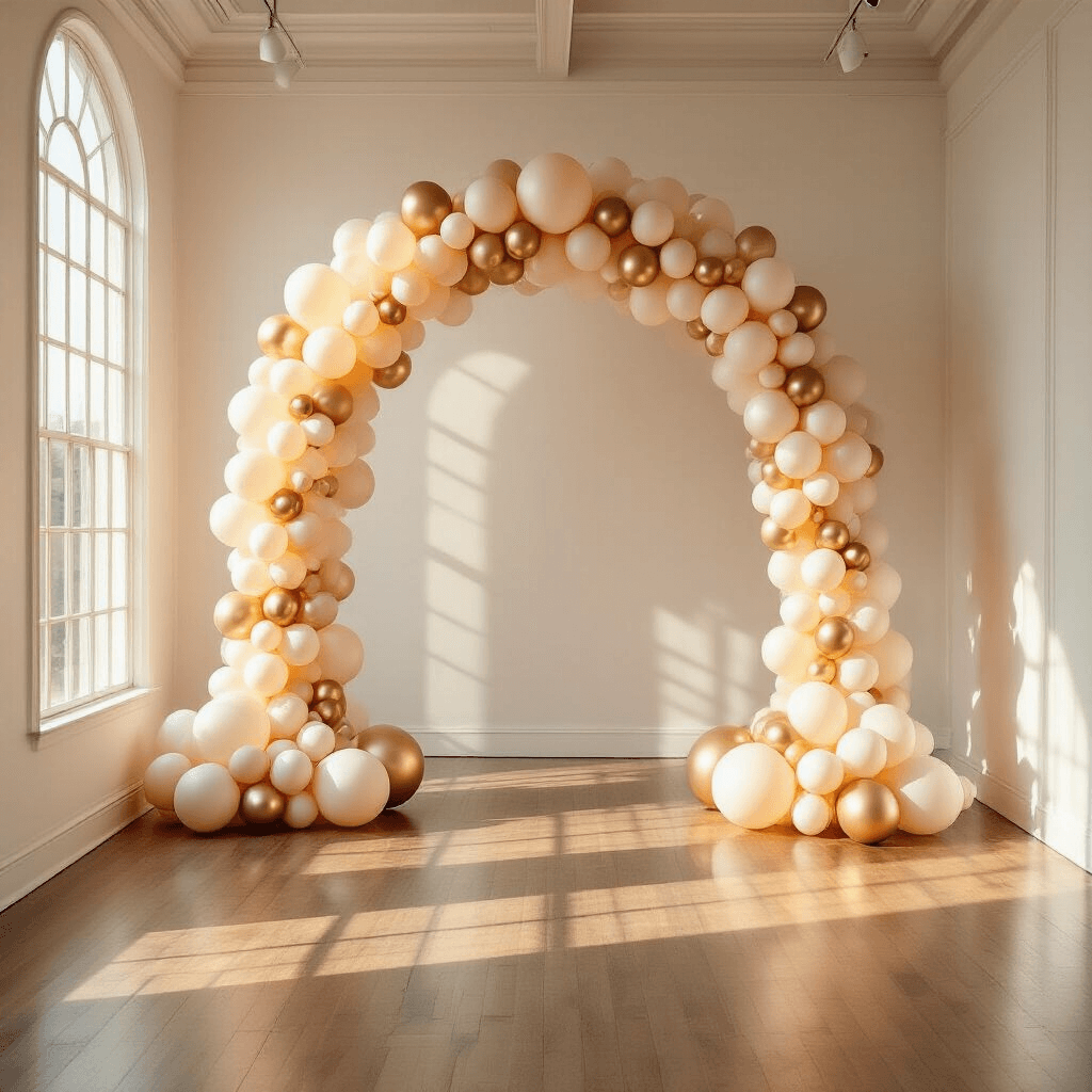 Photorealistic event space with a tall central arch in a 3-arch balloon backdrop, adorned with soft blush and champagne gold garlands, illuminated by golden hour sunlight through large windows, featuring hardwood floors and minimalist white walls with intricate balloon clusters.
