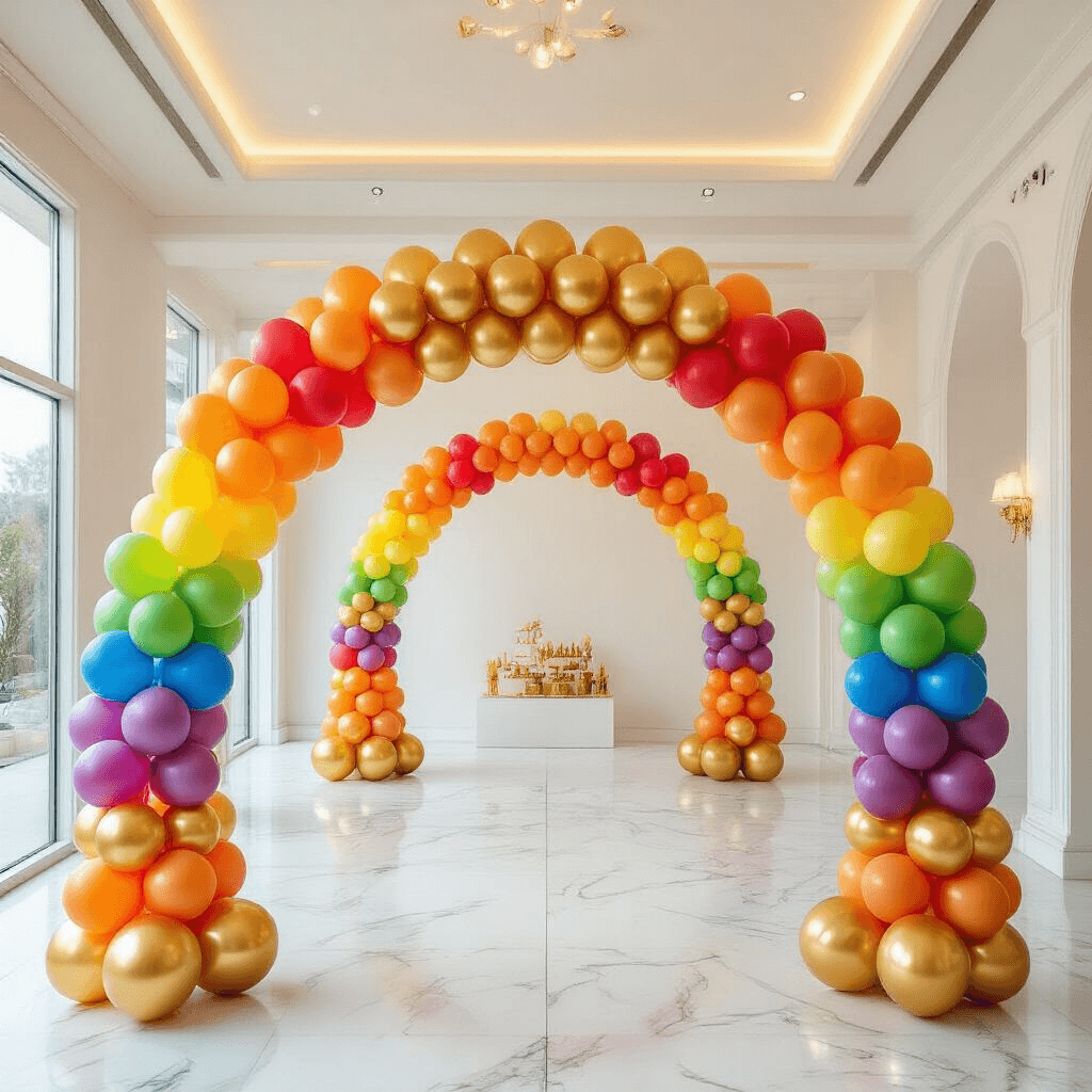 Overhead view of a vibrant rainbow balloon arch installation for a birthday party, featuring three interconnected arches with metallic gold accents, set against a white marble floor in a modern event space. Soft natural light highlights the balloon textures and precise cluster arrangements.