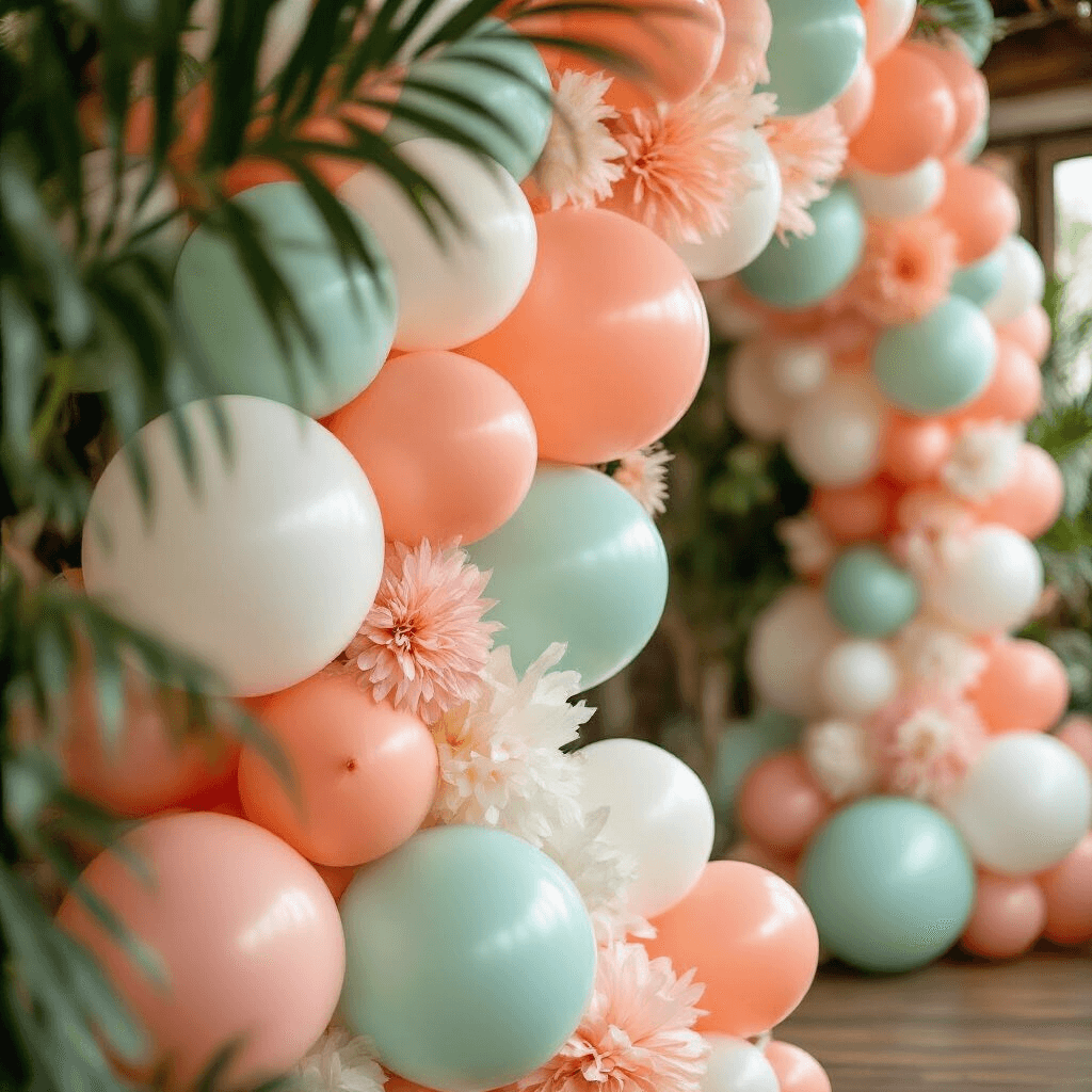 Close-up of a tropical-themed balloon arch backdrop with coral, peach, mint, and white balloons arranged in clusters, showcasing balloon textures and palm leaf elements, set against a rustic wooden floor with hints of greenery.