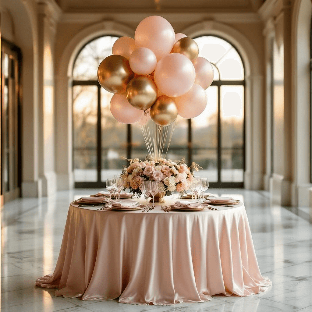 A luxurious ballroom at golden hour, featuring an elegant balloon bouquet display, blush pink silk table linens, crystal glassware, and pastel Mylar balloons, all illuminated by soft light from large arched windows.