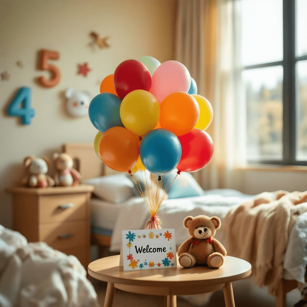 A whimsical pediatric hospital room with a cheerful balloon bouquet of colorful Mylar balloons, soft morning light, playful wall decor, and a child's bed, featuring a personalized welcome card on a wooden table surrounded by soft toys.