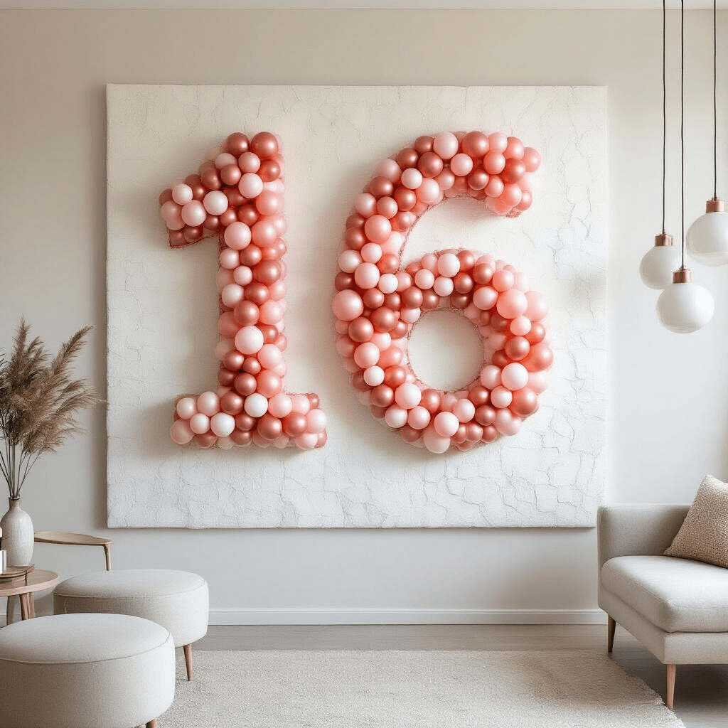 An intricate DIY balloon mosaic wall display featuring the number 16 made from 200 5-inch latex balloons in ombré shades of rose gold, blush pink, and cream, mounted on textured white foam board, set in a modern minimalist living room with sleek furniture and metallic accents.