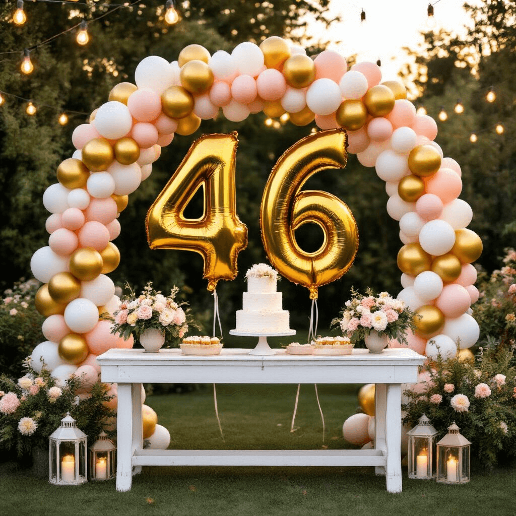 A vibrant Sweet 16 outdoor celebration featuring oversized gold foil number balloons on a balloon arch in a lush garden. A farmhouse-style table displays a stunning naked cake with fresh flowers, surrounded by a balloon garland in gold, white, and blush tones. String lights and lanterns create a magical evening atmosphere with warm sunset lighting.