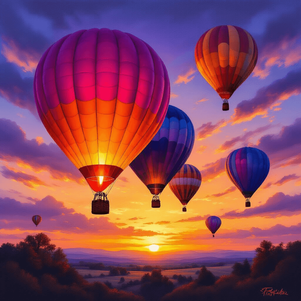 Acrylic painting of multiple hot air balloons at sunset, featuring a vibrant magenta and orange foreground balloon with detailed panel lines, softer purple and blue background balloons creating depth, a richly gradient sky from deep purple to blazing orange, wispy clouds for texture, and warm earthy brown woven baskets, all in a cinematic wide-angle view.