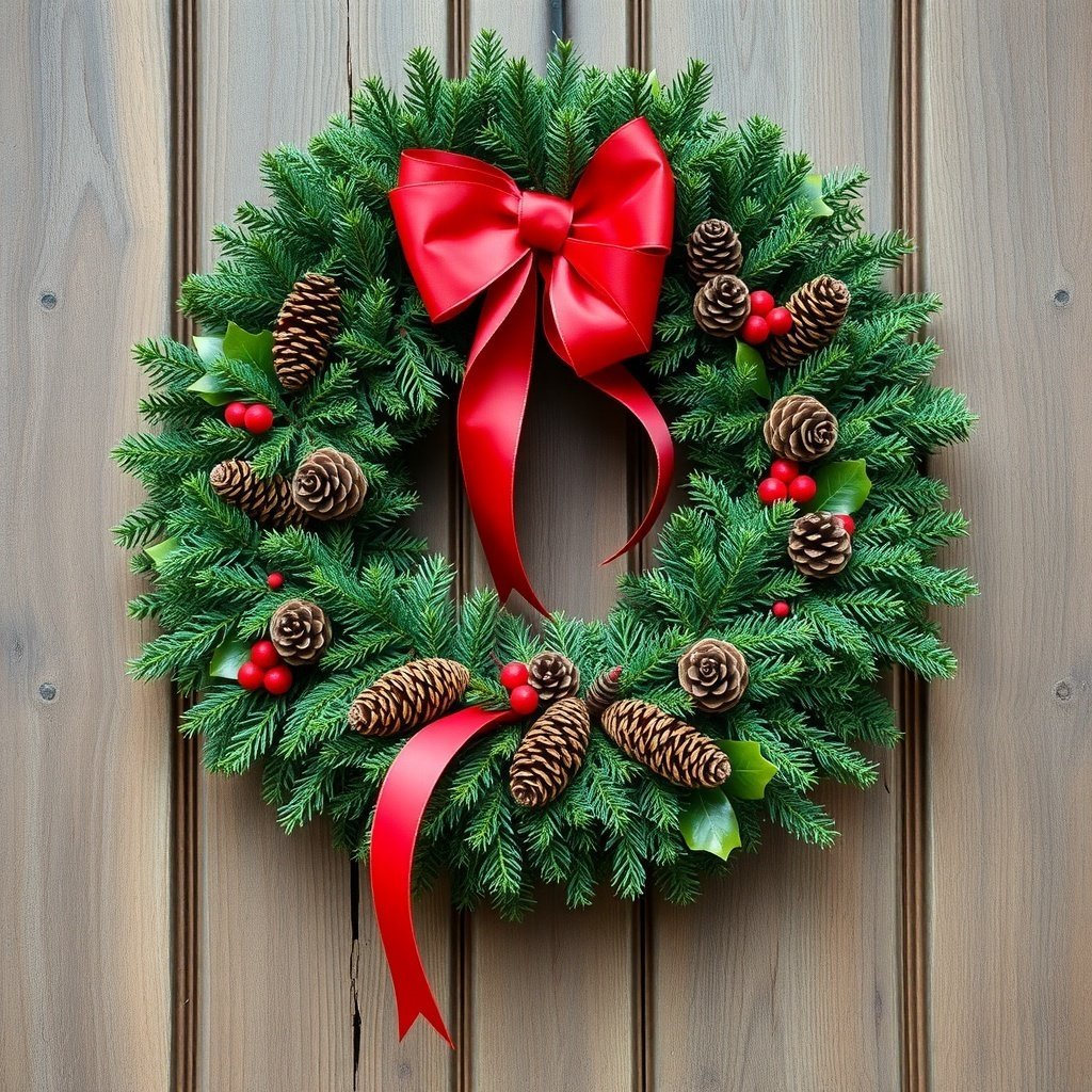 A traditional Christmas wreath made of evergreen branches, pine cones, and red ribbon, hanging on a wooden door. Christmas Wreaths