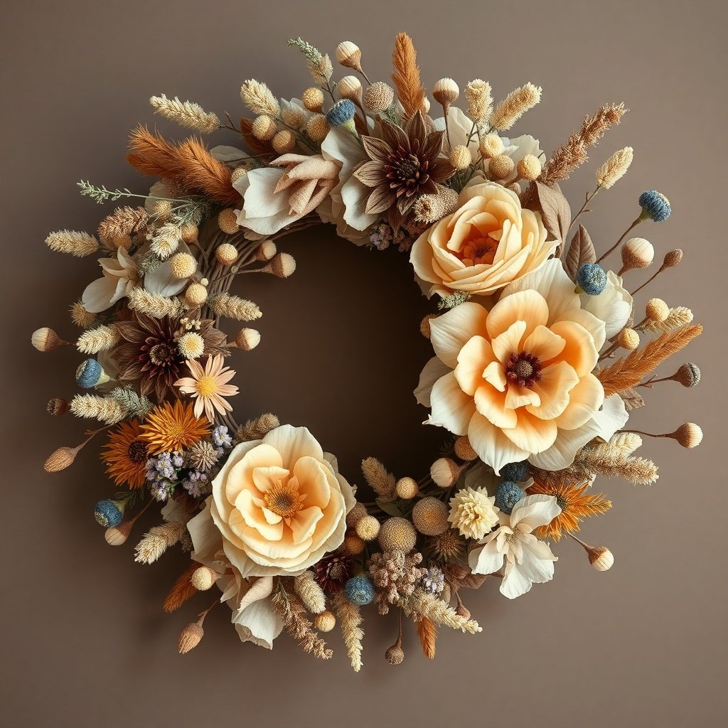 A natural dried flower wreath featuring cream and gold flowers with blue accents on a neutral background.